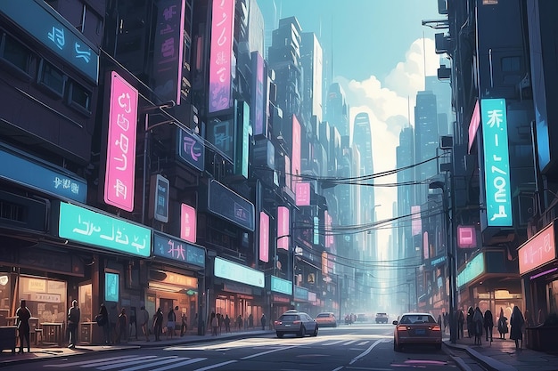 Arafficial illustration of a city street with a lot of signs generative ai