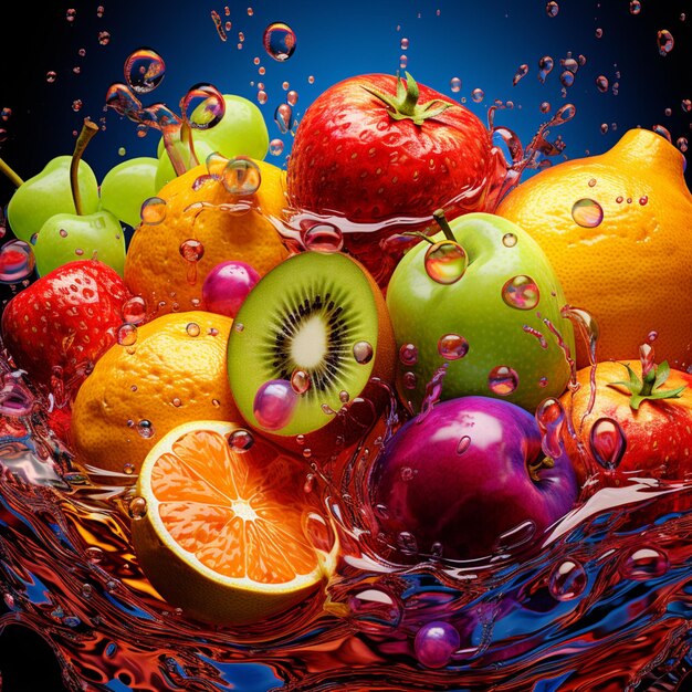 Arafficial photograph of a bowl of fruit with water splashing on it generative ai