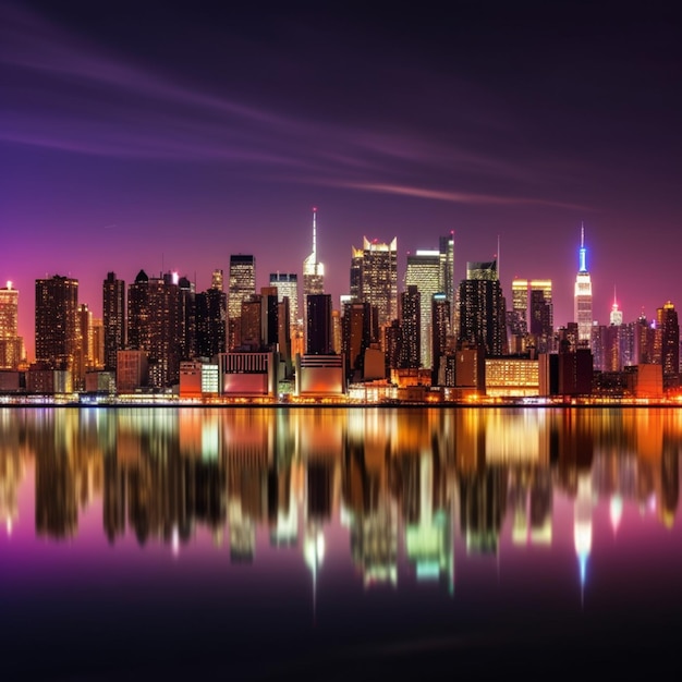 Arafficial photograph of a city skyline at night with a reflection in the water generative ai