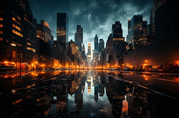 Arafficial photograph of a city street at night with a puddle of water generative ai