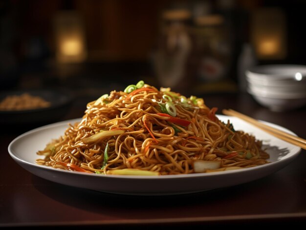 식탁 위에 가락이 있는 접시 위의 아라피 아시아 음식