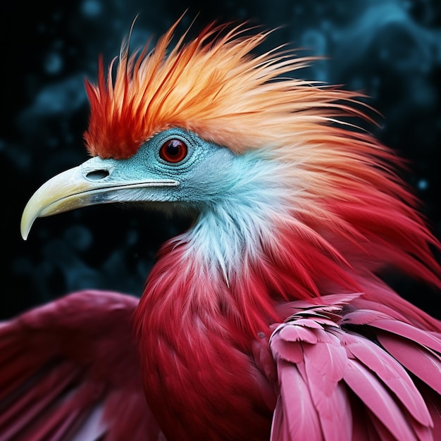 Araffy bird with a red and orange head and a blue beak generative ai