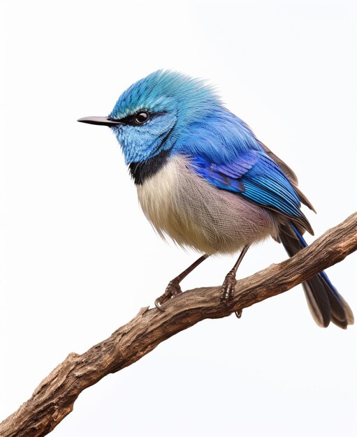 Foto araffy blauwe en witte vogel op een tak met een witte achtergrond generatieve ai