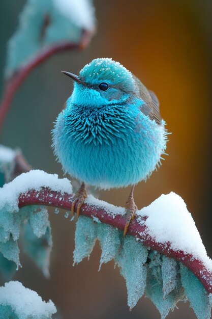 Araffy blue bird perched on a branch covered in snow generative ai