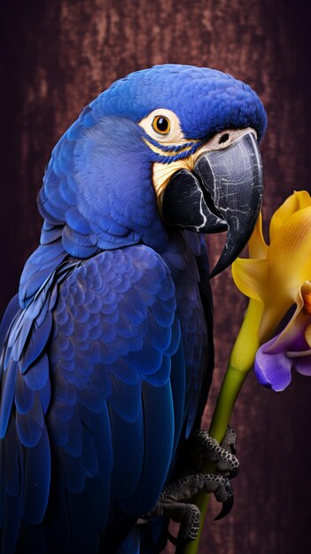 Araffy blue parrot with yellow flower in its beak generative ai