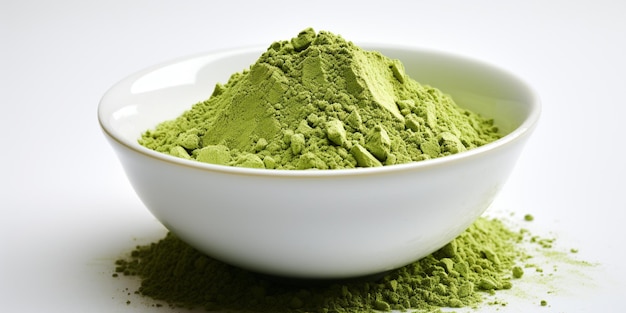 Araffy bowl of matcha powder on a white surface generative ai