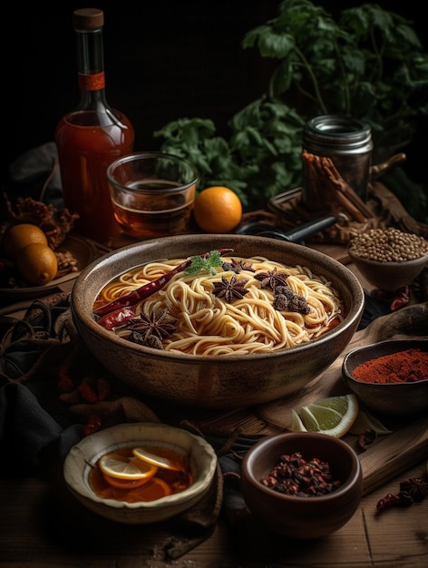 Foto una ciotola di noodles con carne e spezie su un tavolo generativo ai