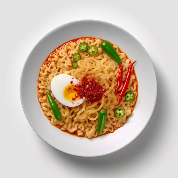 Araffy bowl of ramen with a boiled egg and chili generative ai