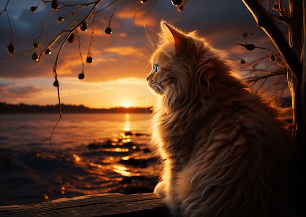 araffy cat sitting on a wooden ledge looking out at the water generative ai