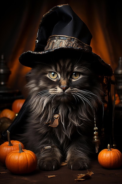 Photo araffy cat wearing a witch hat sitting among pumpkins generative ai