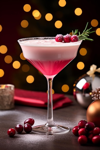 araffy cocktail with cranberries and rosemary garnish in a coupe glass generative ai