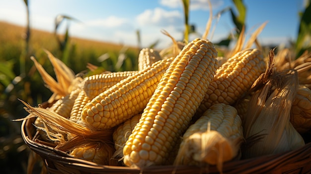 Araffy corn in a basket in a field with a blue sky generative ai