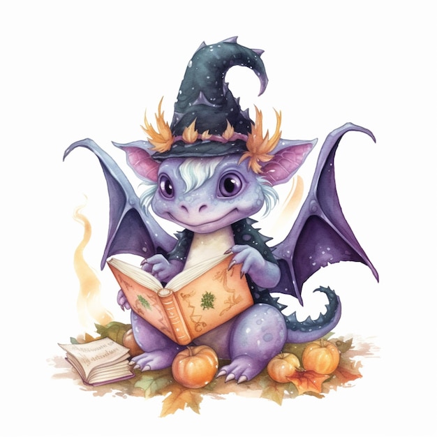 Araffy dragon reading a book with a witch hat on generative ai