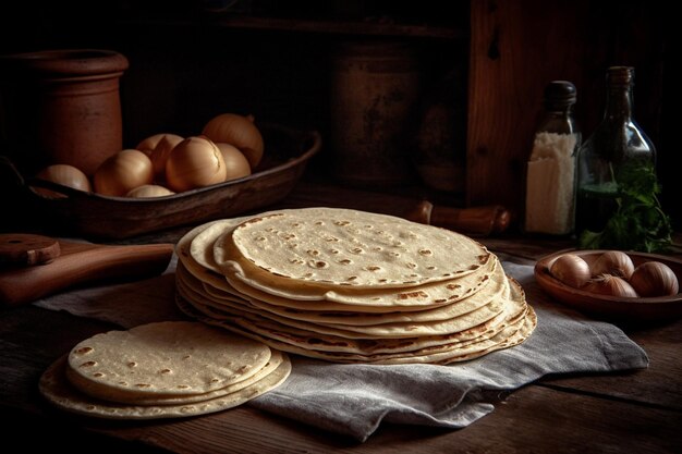 Araffy flatbreads stacked on a table with eggs and a rolling pin generative ai