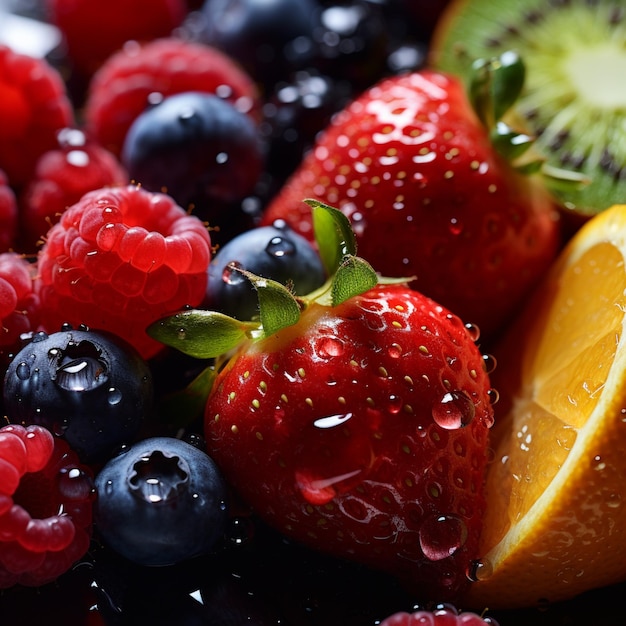 Photo araffy fruit with water drops on it and a kiwi generative ai