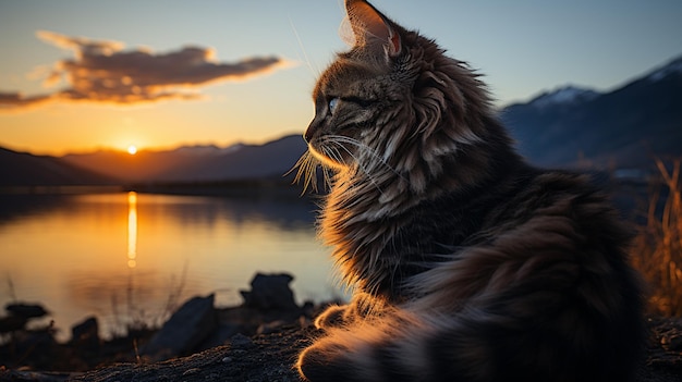 Araffy kat zittend op een rots uitkijkend op de zonsondergang generatieve ai