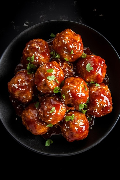 araffy meatballs with sauce and parsley on a black plate generative ai