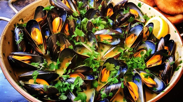 Araffy mussels in a pot with a lemon wedge generative ai