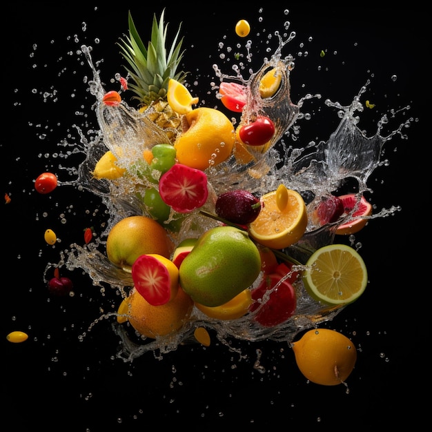 Araffy photograph of a bunch of fruit being splashed with water generative ai