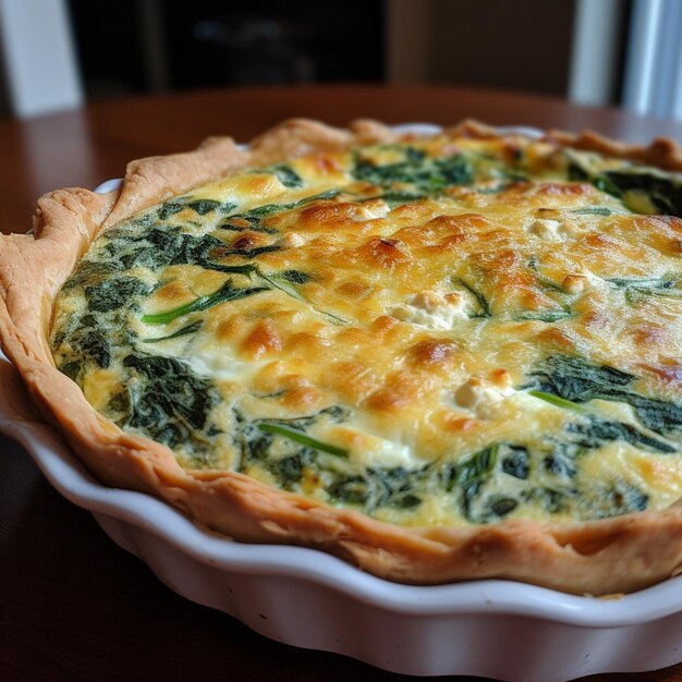 Araffy quiche with spinach and cheese on a table generative ai