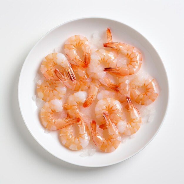 araffy shrimp on a plate with ice on a white table generative ai