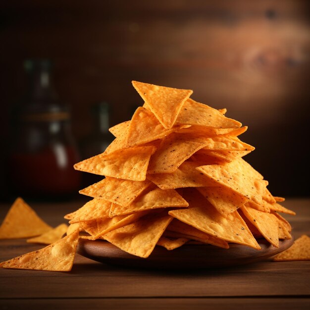 araffy tortilla chips on a plate with a bottle of ketchup in the background generative ai