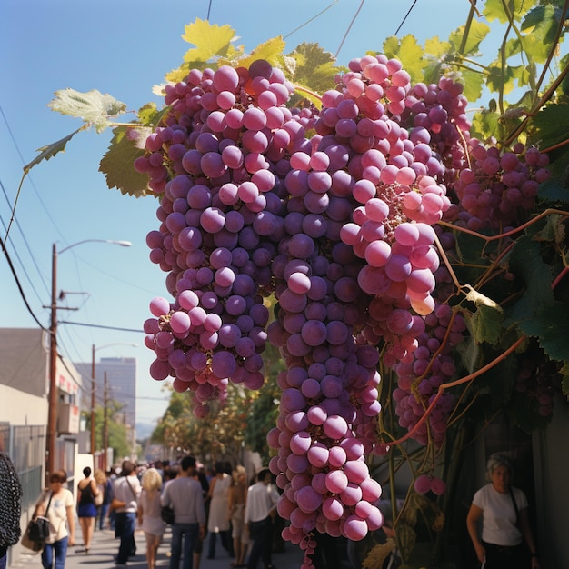 araffy tros paarse druiven hangend aan een wijnstok op een straat generatieve ai