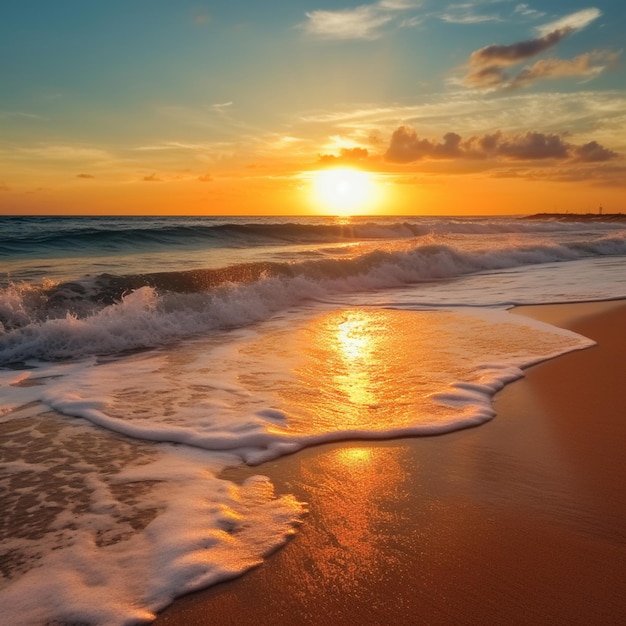 波と夕日のあるビーチのアラフィーのビュー生成 AI