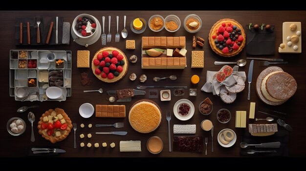 Photo arafies and desserts laid out on a table with forks and spoons generative ai