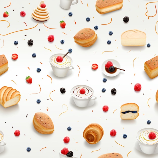 Arafies and pastries on a white surface with a cup of coffee generative ai