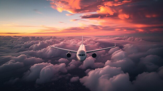 ピンクの空を生み出すAIで夕暮れの雲の上を飛ぶ飛行機