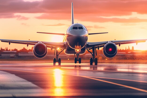 Araflane landing on a runway at sunset with a person standing in front of it generative ai