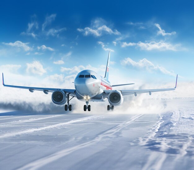 Araflane landing on a snowy runway with a blue sky in the background generative ai