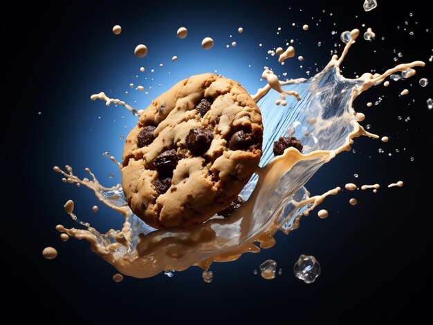 Photo arafly chocolate chip cookie falling into a milk splash generative ai