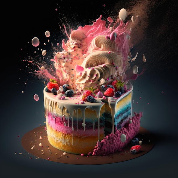 arafly colored cake with a lot of icing and fruit on top generative ai