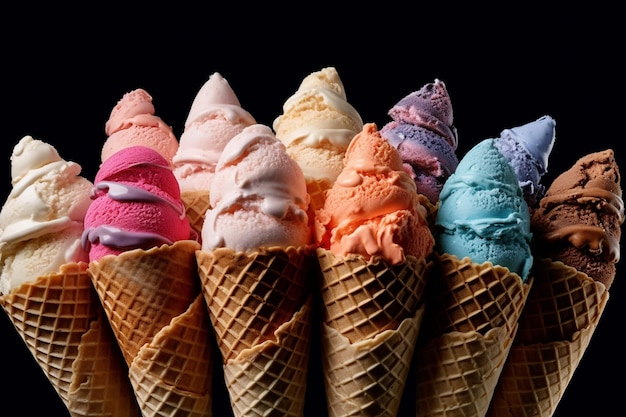 arafly colored ice cream cones with different flavors of ice cream generative ai