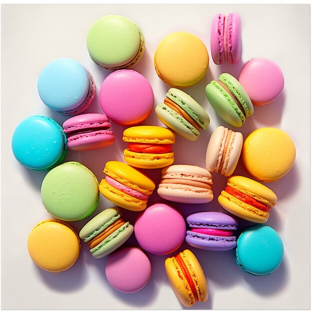 arafly colored macarons are arranged on a white surface generative ai