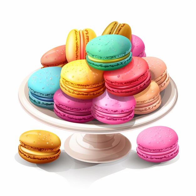 arafly colored macarons on a white plate with a white background generative ai