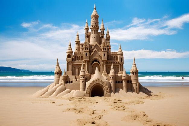 arafly designed sand castle on the beach with a blue sky Generative AI