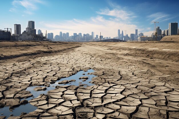 Photo arafly dried land with a city in the background generative ai