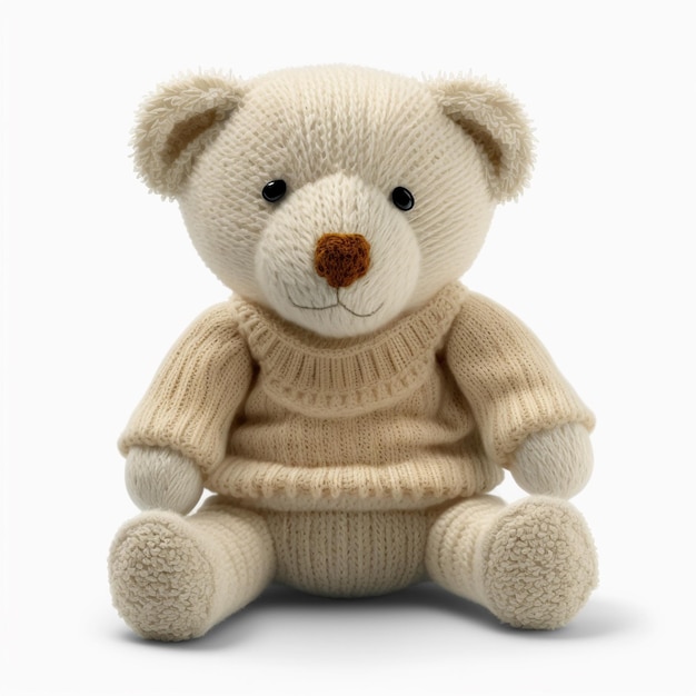 Arafly knit teddy bear wearing a sweater sitting on a white surface generative ai