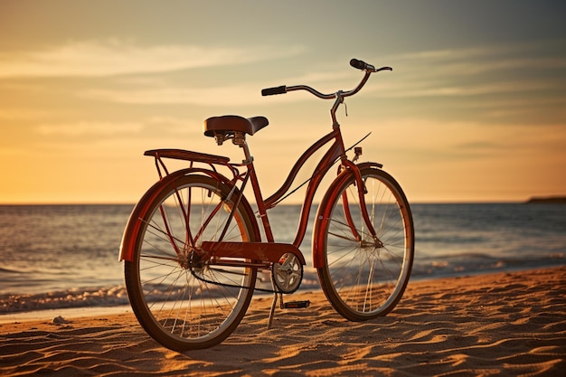 Arafly parked bicycle on the beach at sunset with ocean in background generative ai