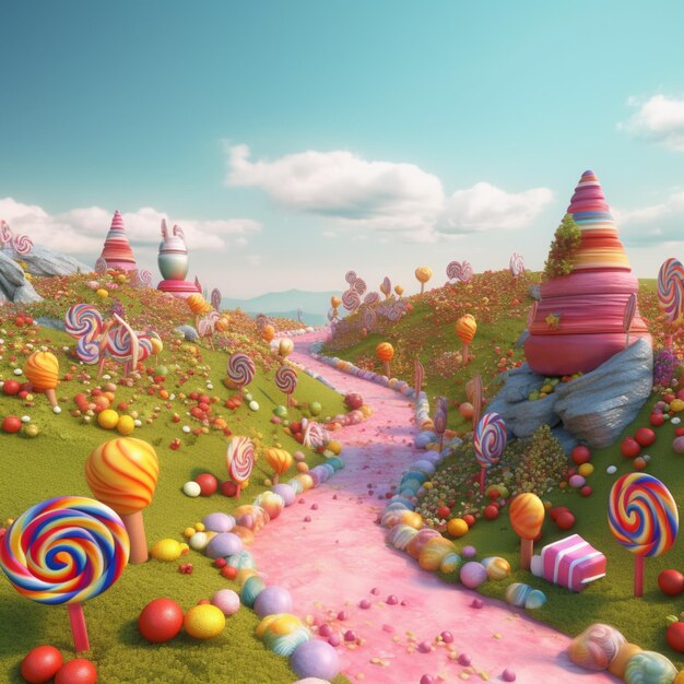 Foto immagine raffigurata di una terra di caramelle con un sacco di caramele generative ai