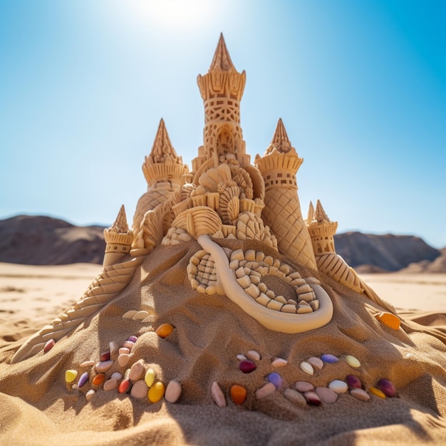 Arafly shaped sand castle with a dragon and a castle on top generative ai