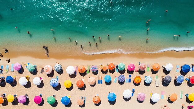 Arafly shot of a beach with many umbrellas and people swimming generative ai