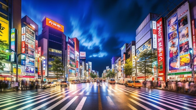 Arafly shot of a busy city street at night with people crossing the street generative ai