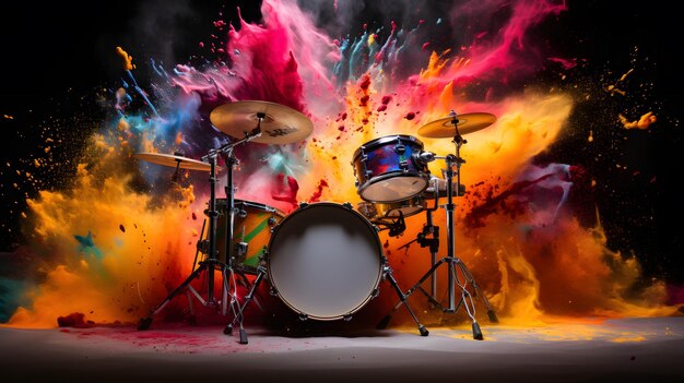 Photo arafly shot of a drum set with colored powder in the air generative ai