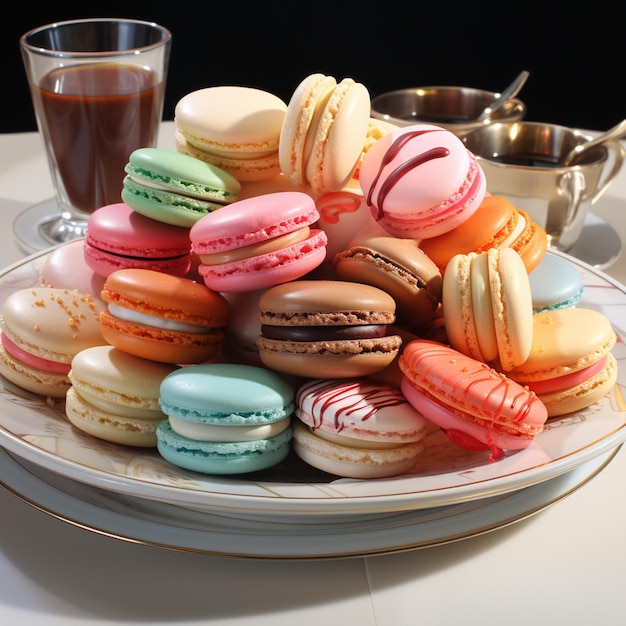 Arafly stacked plate of macarons and a cup of coffee generative ai