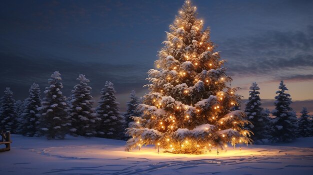 arafly verlichte kerstboom in een besneeuwd veld met bomen op de achtergrond generatieve ai