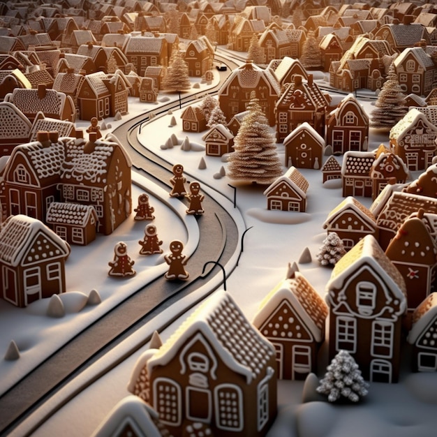 arafly versierde peperkoekhuisjes en treinrails in een besneeuwd landschap generatieve ai